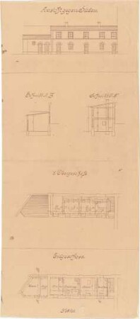 Landbauamt München; München; Prinz-Carl-Palais, Umbauten - Grundriss EG, Grundriss OG, Südseite (Ansicht), Schnitte