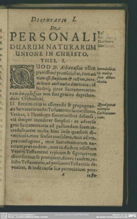 Disputatio I. De Personale Duarum Naturarum Unione in Christo