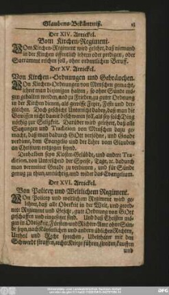 Der XVI. Artickel. Von Policey und Weltlichem Regiment.