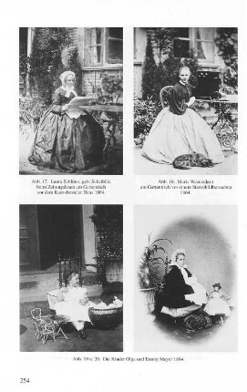 Abb. 17. Laura Schlüter, geb. Scheibler, beim Zeitungslesen am Gartentisch vor dem Karoxbosteler Haus 1864. Abb. 18. Maria Westendarp am Gartentisch vor einem Stereobildbetrachter 1864. Abb. 19 u. 20. Die Kinder Olga und Emmy Meyer 1864.