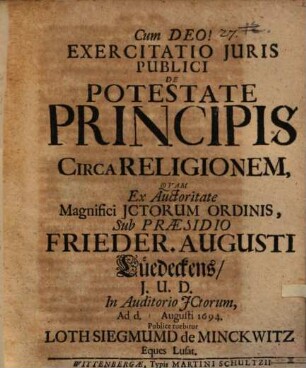 Exercitatio iuris publ. de potestate principis circa religionem