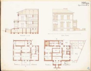 Villa, Gera Monatskonkurrenz April 1878: Grundriss Keller, Obergeschoss, Aufriss Straßenansicht, Querschnitt; Maßstabsleiste