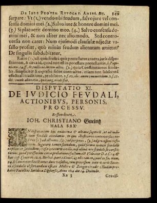Disputatio XI. De Iudicio Feudali, Actionibus, Personis, Processu.
