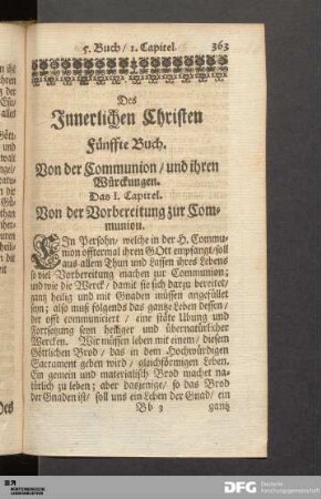 Des Innerlichen Christen Fünffte Buch. Von der Communion / und ihren Würckungen.