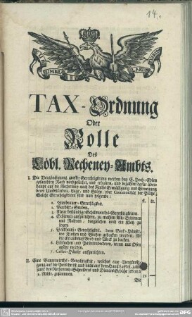 Tax-Ordnung Oder Rolle Des Löbl. Recheney-Ambts