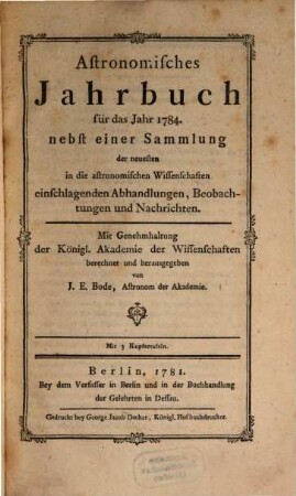Astronomisches Jahrbuch. 1784 (1781)