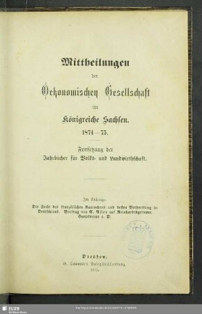 1.1874/75(1875): Mitteilungen der Ökonomischen Gesellschaft im Königreiche Sachsen