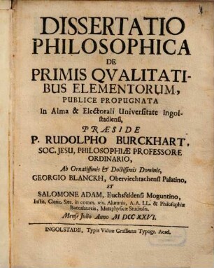 Dissertatio Philosophica De Primis Qvalitatibus Elementorum