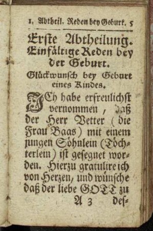 Erste Abtheilung. Einfältige Reden bey der Geburt.