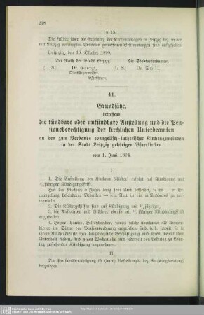 41. Grundsätze, betreffend die kündbare oder unkündbare Anstellung und die Pensionsberechtigung der kirchlichen Unterbeamten an den zum Verbande evangelisch-lutherischer Krichengemeinden in der Stadt Leipzig gehörigen Pfarrkirchen vom 1. Juni 1894