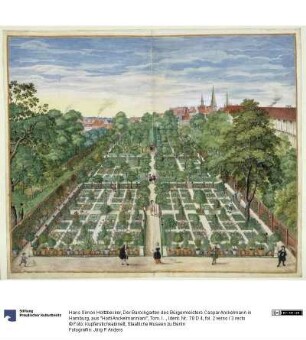 Der Barockgarten des Bürgermeisters Caspar Anckelmann in Hamburg, aus "Horti Anckelmanniani", Tom. I [II nicht nachgewiesen], Bll. 2v/3r