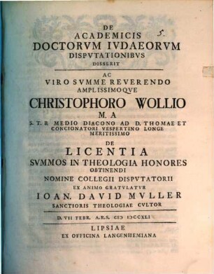 De academicis Doctorum Iudaeorum disputationibus disserit Jo. Dav. Müller