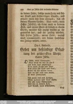 Die 6. Andacht. Gebet um beständige Erhaltung der geschenckten Wohlthaten Jesu.