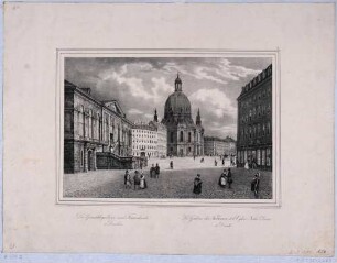 Dresden, Blick vom Jüdenhof über den Neumarkt auf die Frauenkirche, links die Gemäldegalerie (Johanneum)