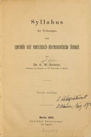 Syllabus der Vorlesungen über specielle und medicinisch-pharmaceutische Botanik