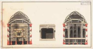 Königliches Schauspielhaus, Potsdam: Ansicht des Proszeniums, Querschnitte vor der Königlichen Loge und im Bühnenhaus