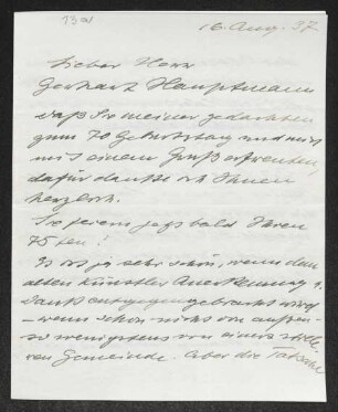 Brief von Käthe Kollwitz an Gerhart Hauptmann