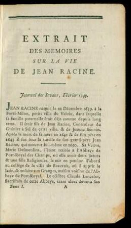 Extrait Des Memoires Sur La Vie De Jean Racine.