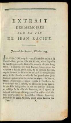 Extrait Des Memoires Sur La Vie De Jean Racine.