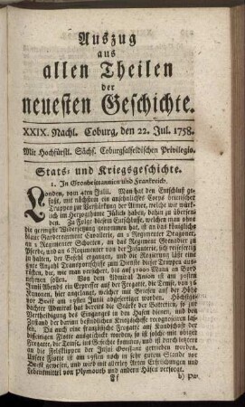XXIX. Nachl. Coburg, den 22. Jul. 1758.