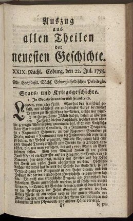 XXIX. Nachl. Coburg, den 22. Jul. 1758.