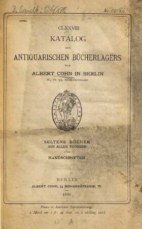 ...Catalog des antiquarischen Bücherlagers von Albert Cohn : [Auch m. franz. Tit.], 178