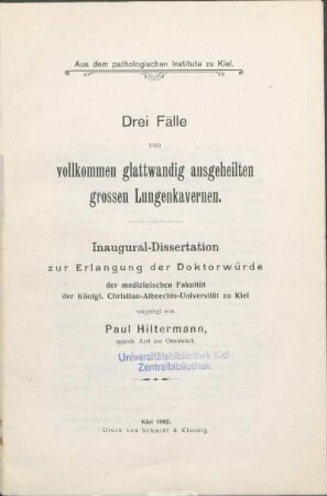 Drei Fälle von vollkommen glattwandig ausgeheilten grossen Lungenkavernen