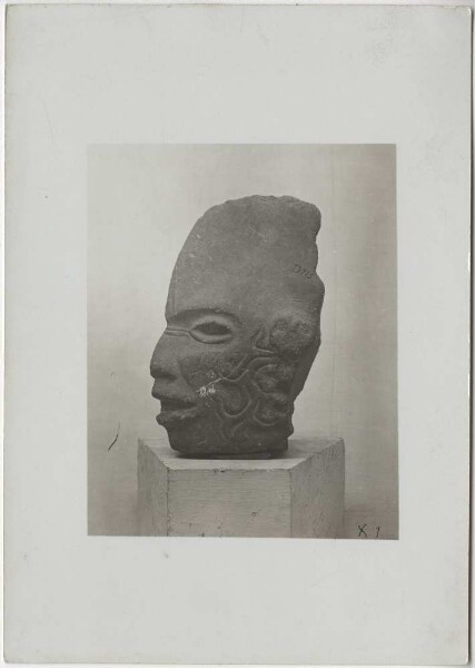 "Stone head with peculiar tattooing, 12 cm high." (OT) Guillermo de Heredia Collection.