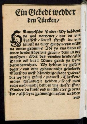 Ein Gebedt wedder den Türcken ...