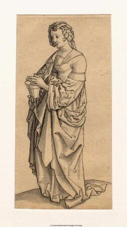 Magdalena, stehend, nach links, das Salbgefäß in beiden Händen