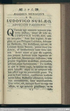 Aegidius Menagius S. D. Ludovico Nublaeo, Advocato Parisiensi