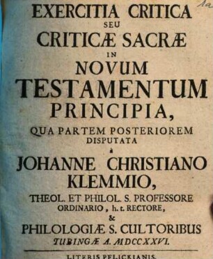 Exercitia Critica Seu Criticae Sacrae In Novum Testamentum Principia, 2