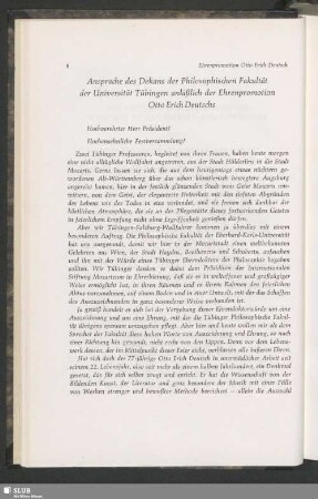 Ansprache des Dekans der Philosophischen Fakultät der Universität Tübingen anläßlich der Ehrenpromotion Otto Erich Deutschs