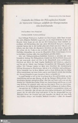 Ansprache des Dekans der Philosophischen Fakultät der Universität Tübingen anläßlich der Ehrenpromotion Otto Erich Deutschs