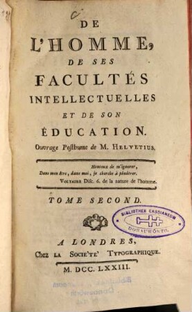 De L'Homme, De Ses Facultés Intellectuelles Et De Son Éducation, 2