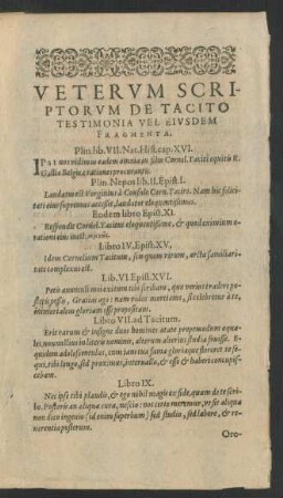 Veterum Scriptorum De Tacito Testimonia Vel Eiusdem Fragmenta.