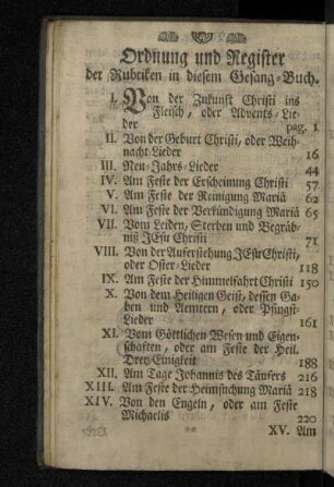 Ordnung und Register der Rubriken in diesem Gesang-Buch.