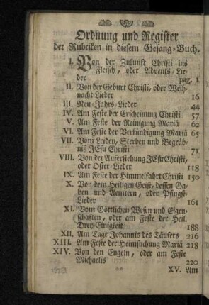 Ordnung und Register der Rubriken in diesem Gesang-Buch.