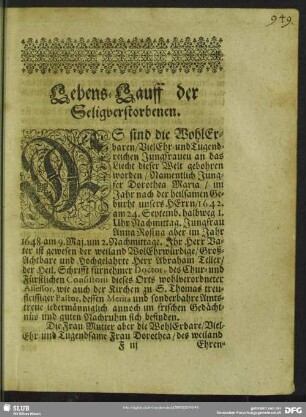 Lebenslauf : Lebens-Lauff der Seligverstorbenen