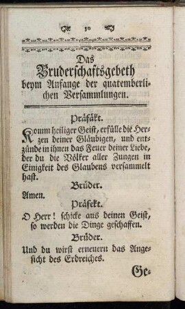 Das Bruderschaftsgebeth beym Anfange der quatemberlichen Versammlungen.