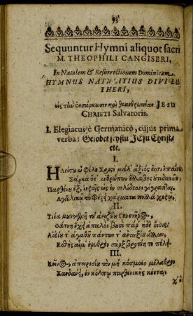Sequuntur Hymni aliquot sacri M. Theophili Cangiseri.