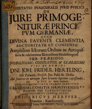 Diss. ... de primogeniturae iure principum Germaniae