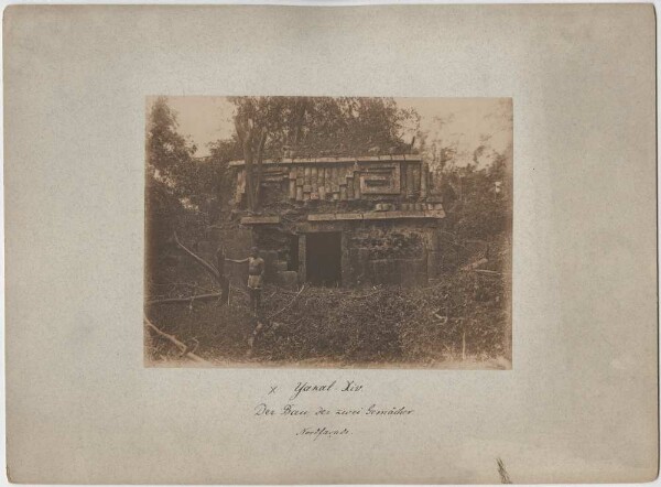 "The construction of the two chambers. North facade. (With member of the expedition.)"