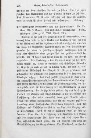 466-467 [Rezension] Mayer, Philipp Jacob, Der teleologische Gottesbeweis und der Darwinismus