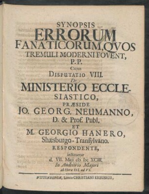 ... Disputatio VIII. De Ministerio Ecclesiastico ...