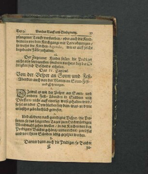 Das IV. Capitul. Von der Vesper an Sonn- und Fest-Abenden/ auch von der Metten an Sonn-Fest- und Feyertagen.