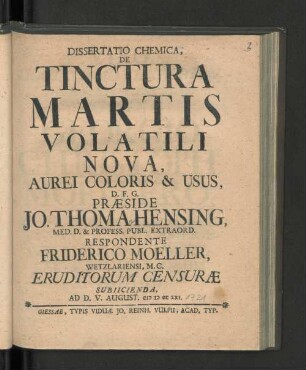 Dissertatio Chemica, De Tinctura Martis Volatili Nova, Aurei Coloris & Usus