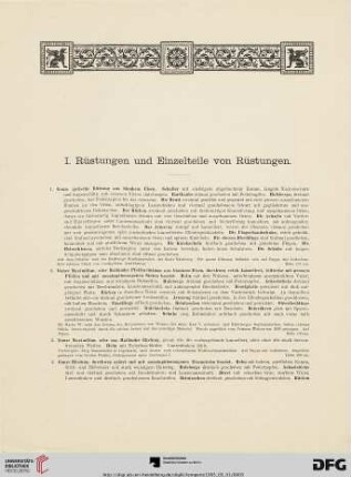 I. Rüstungen und Einzelteile von Rüstungen (Nr. 1-26)