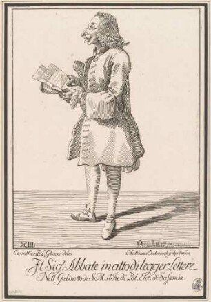 Il Signor Abbate in atto di legger Lettere (Abt Giordani liest Briefe), Bl. 13 der "Raccolta di XXIV Caricature", Dresden 1750