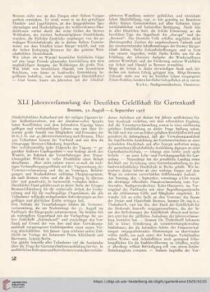 XLI. Jahresversammlung der Deutschen Gesellschaft für Gartenkunst : Bremen, 31. August - 6. September 1928